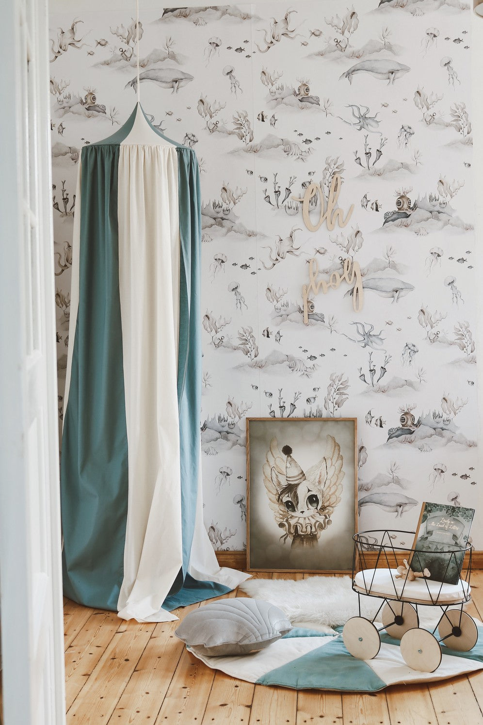 Playroom magic: Blue Circus striped canopy used as a secret play space