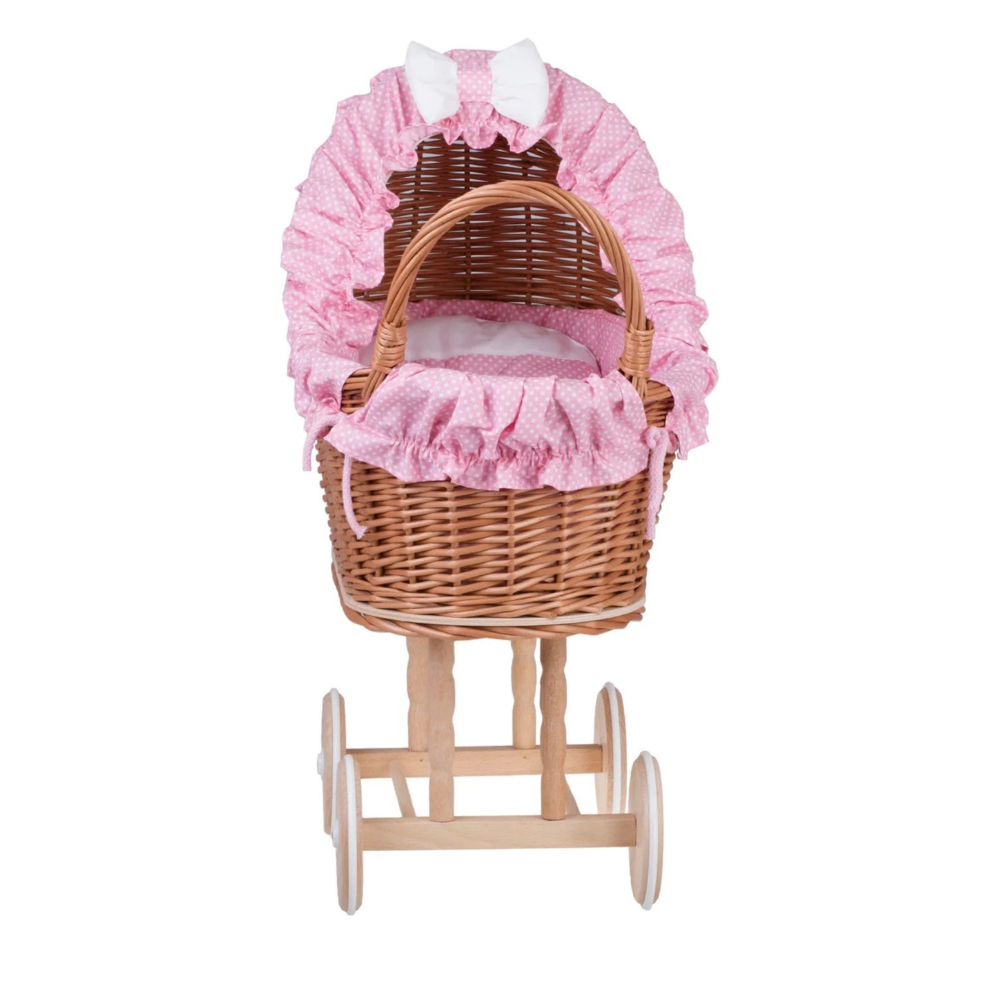 Lulu wicker doll stroller with pink trim, blanket, and pillow