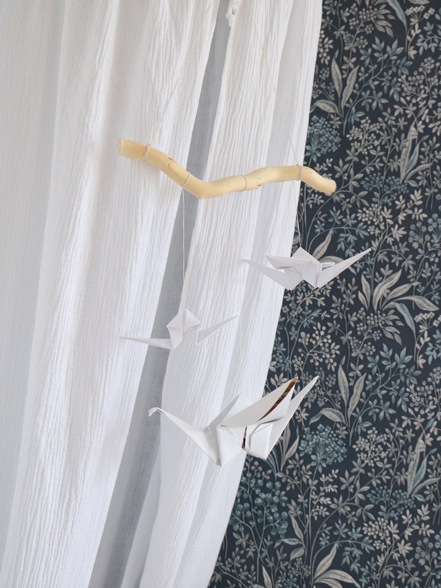 Handmade in Poland: OEKO-TEX certified white origami mobile with a natural wooden hoop