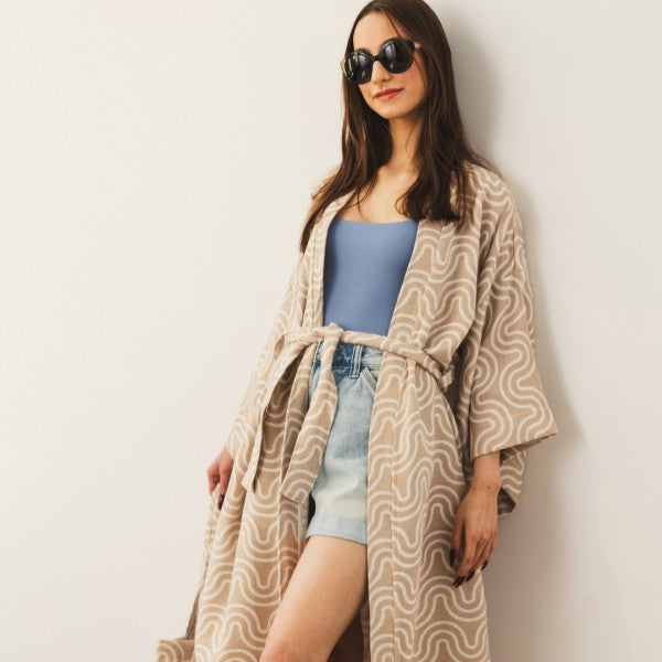 Front of View Lightweight bamboo viscose dressing gown with belt - Sand