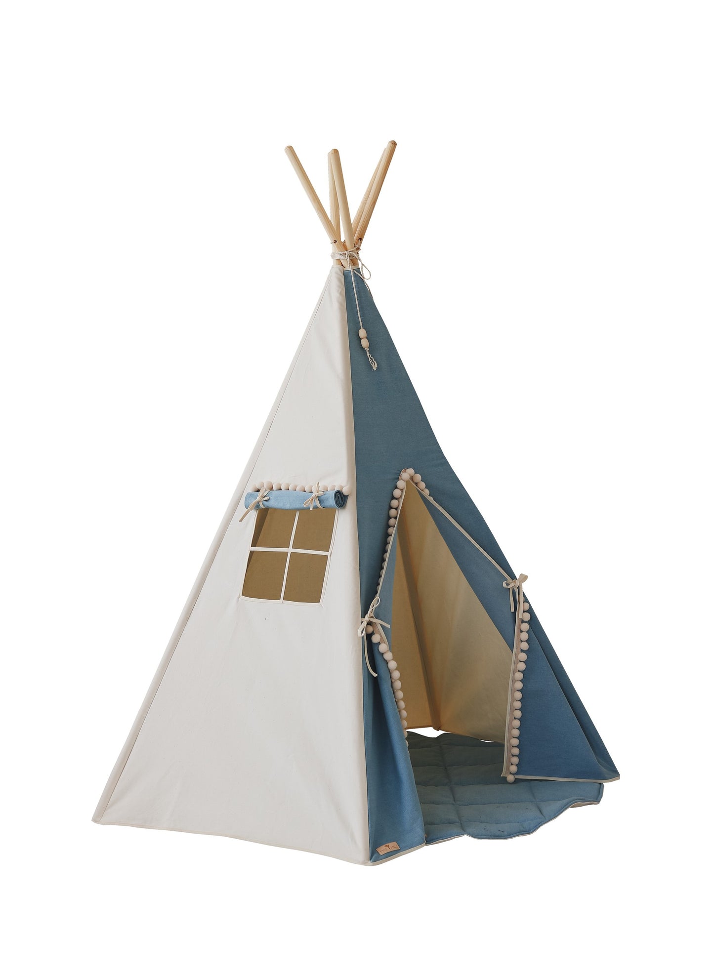 Side view Moi Mili Jeans Teepee Tent - High-quality soft blue denim play tent with cream pompoms