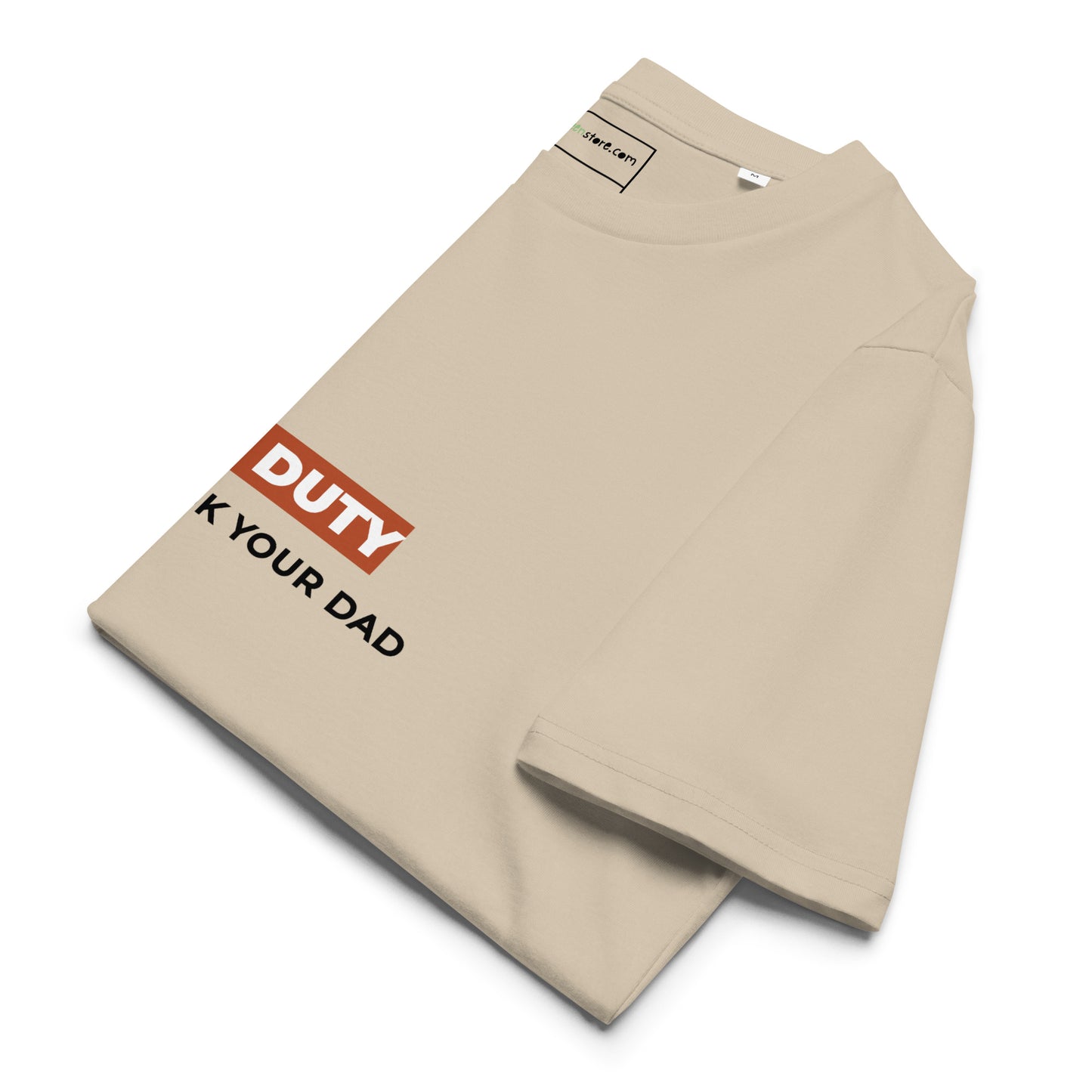 Side view of the folded Mum Off Duty t-shirt ready for gifting. sand