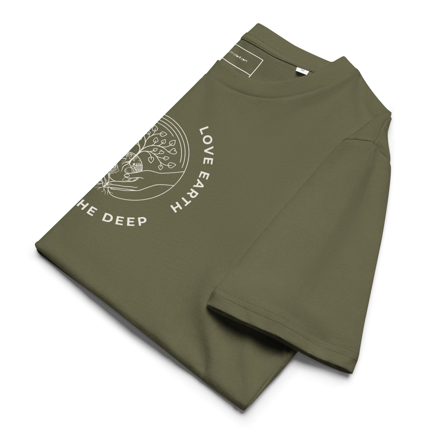Neatly folded "Love Earth" organic ring-spun cotton t-shirt in Olive Green, displaying the soft fabric texture and the central nature-inspired design.