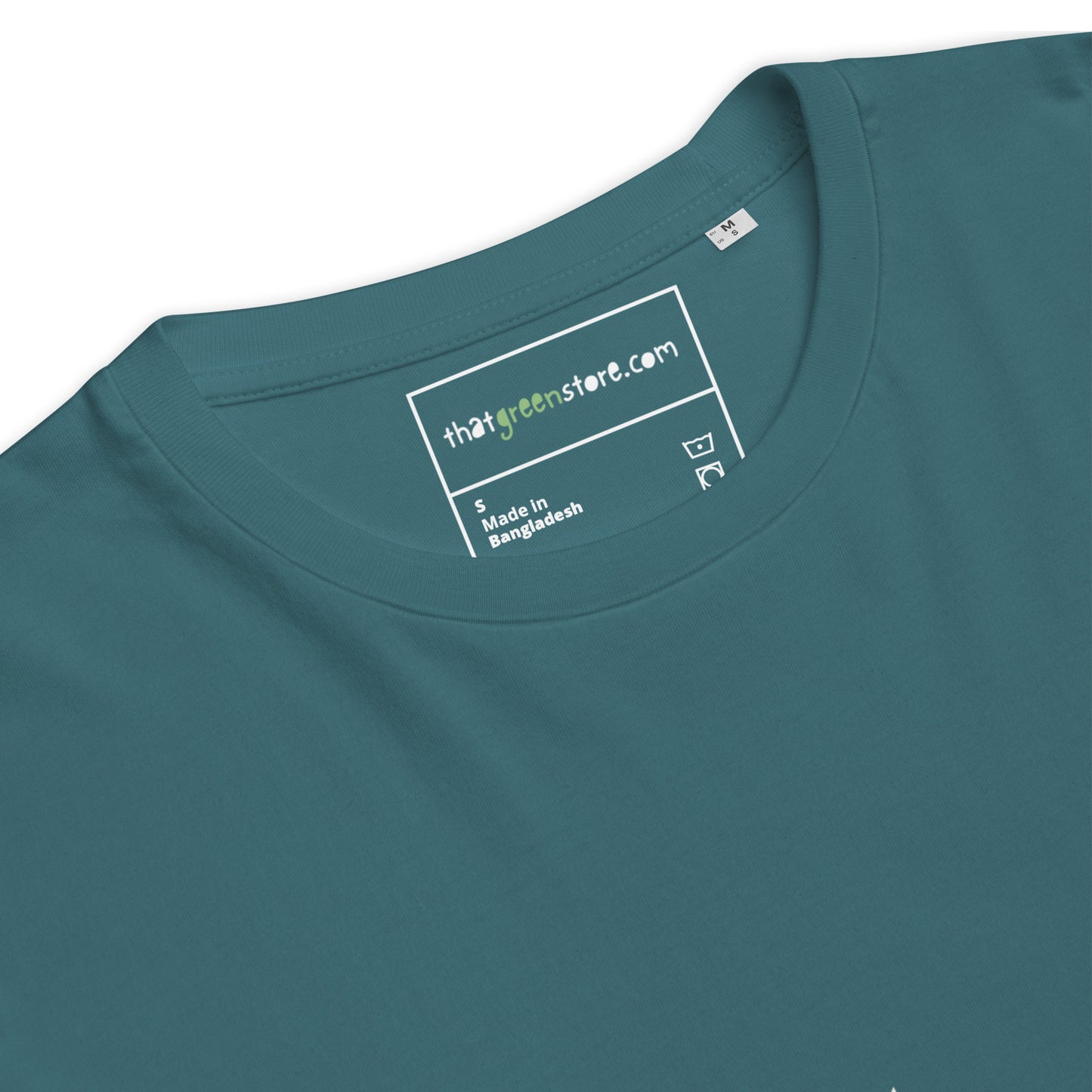 Close-up detail of the custom printed inner neck label on the "raising humans on plants." t-shirt, highlighting the 180g premium organic cotton fabric. -stargazer-