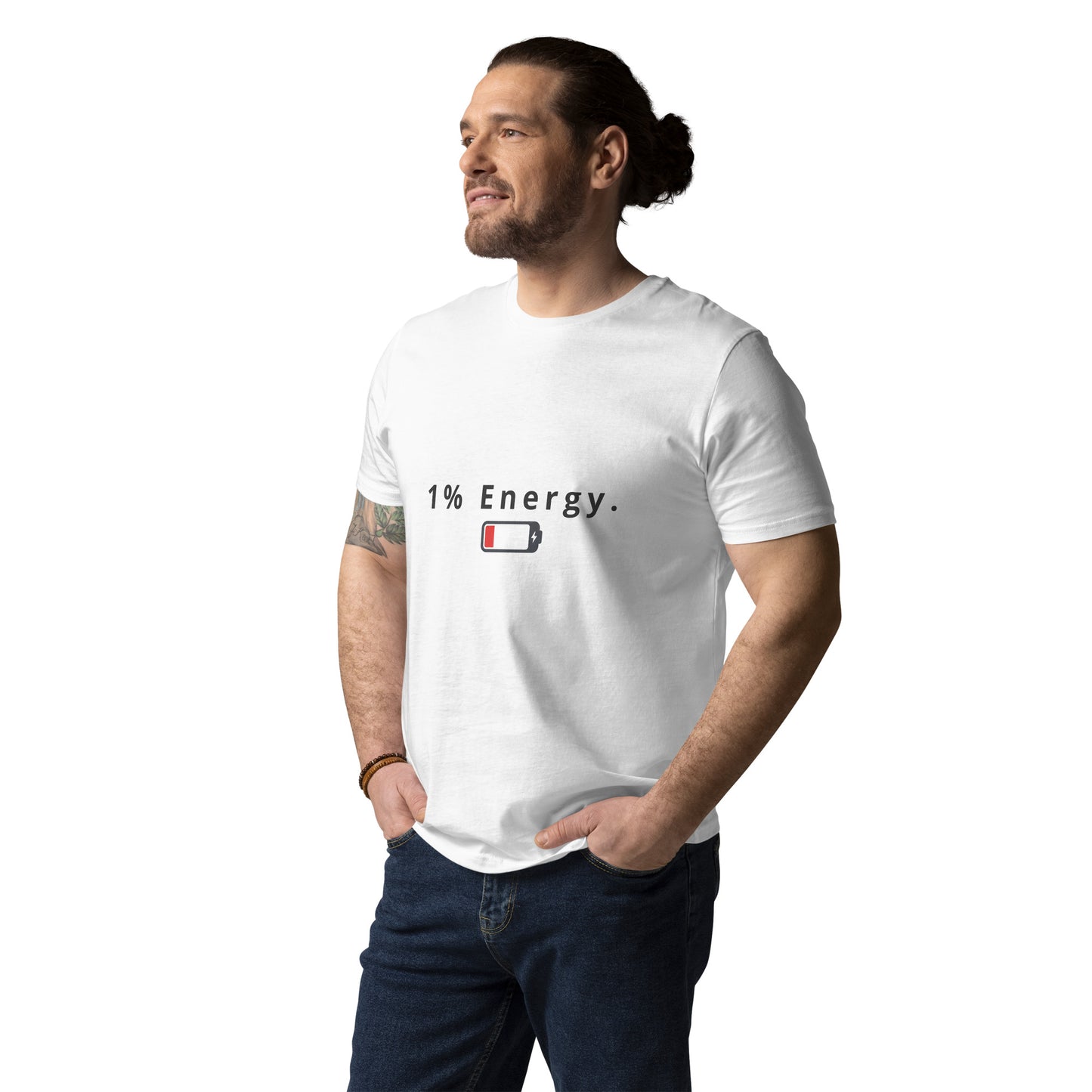 Male model wearing the unisex 1% Energy organic cotton t-shirt, front view. white