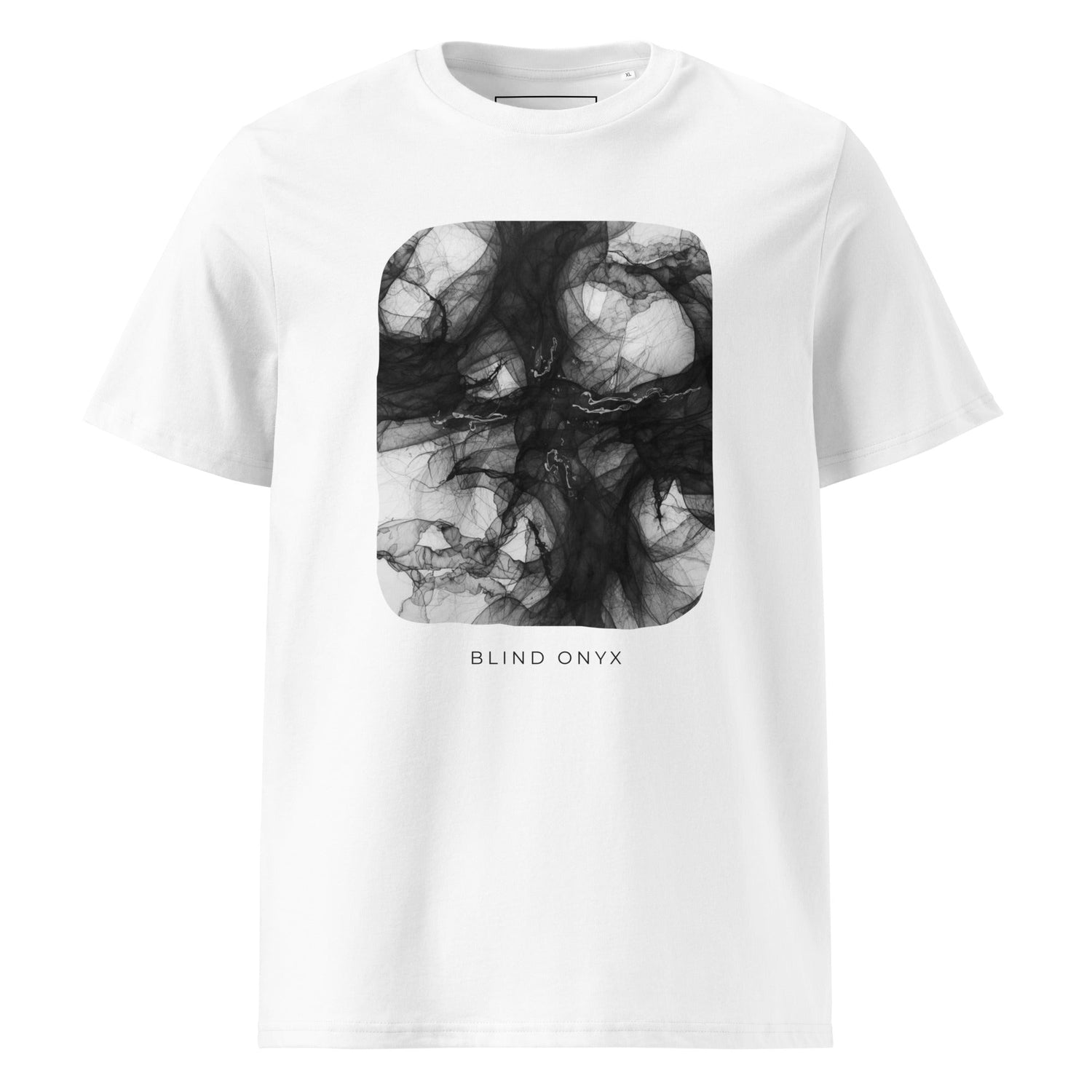 Front view of the white Midnight Onyx t-shirt featuring a black abstract ink design, made of premium organic cotton