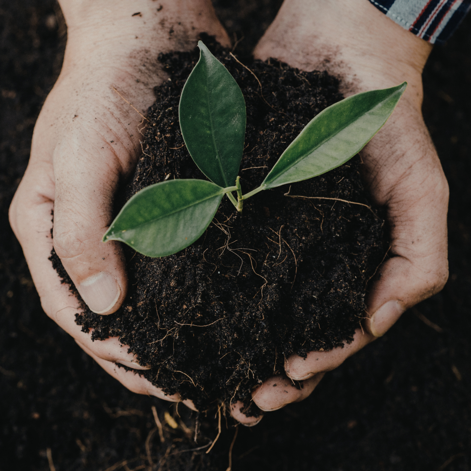 Hands holding a green sprout in soil, symbolizing the inclusive feminine energy and foundational care at That Green Store