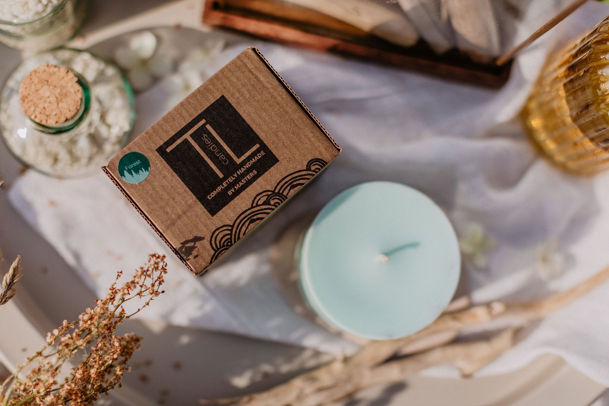 Top View Mint green forest scented soy wax candle handmade by TL Candles