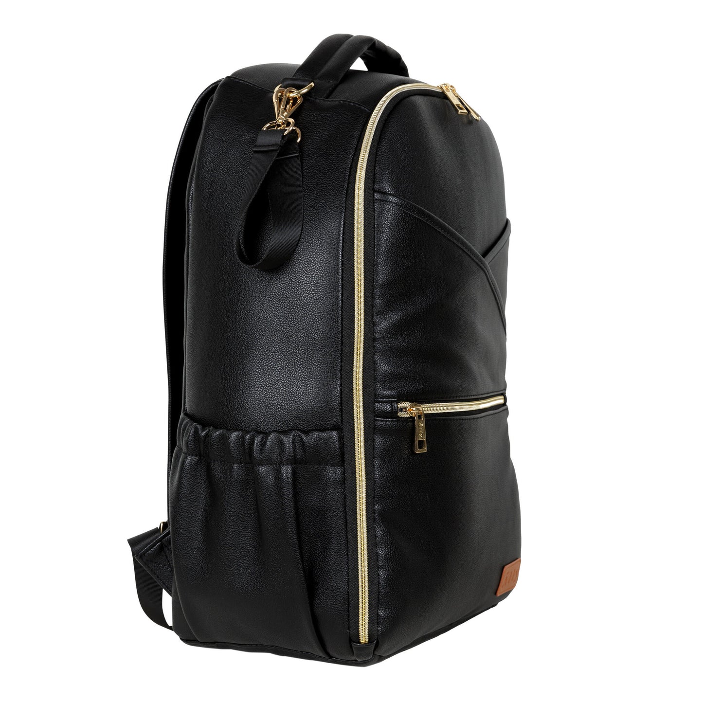 Side profile of the Espresso backpack showing the large thermal bottle pocket