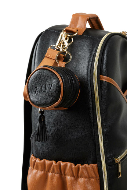Round Pacifier Bag in Black vegan leather - attached