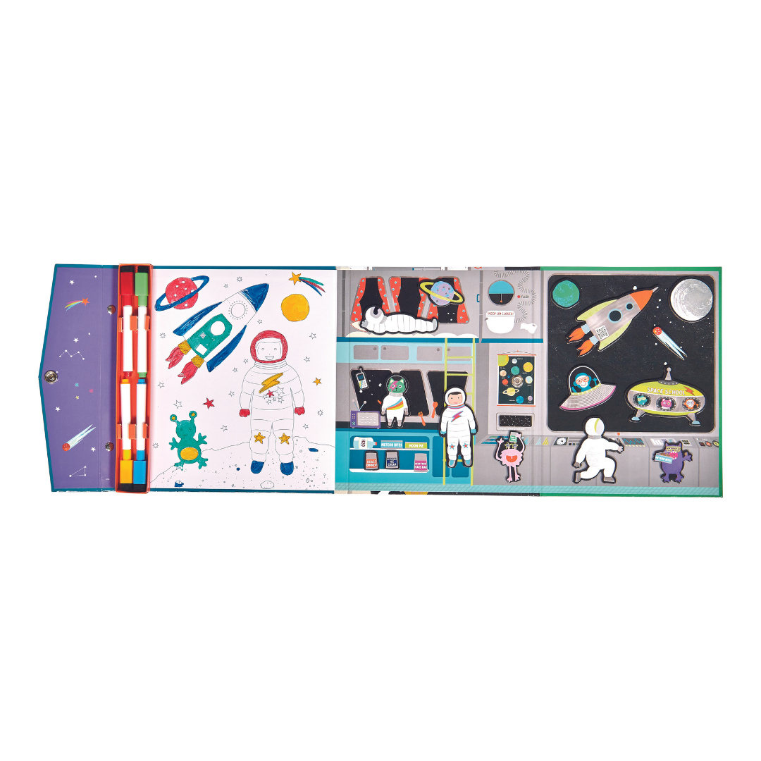 Internal view Floss and Rock Magnetic Multiplay Scene - Space, portable travel toy set with magnetic play pieces and multiple themed backgrounds.