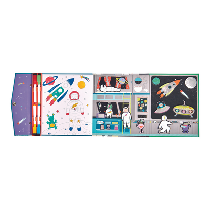 Internal view Floss and Rock Magnetic Multiplay Scene - Space, portable travel toy set with magnetic play pieces and multiple themed backgrounds.