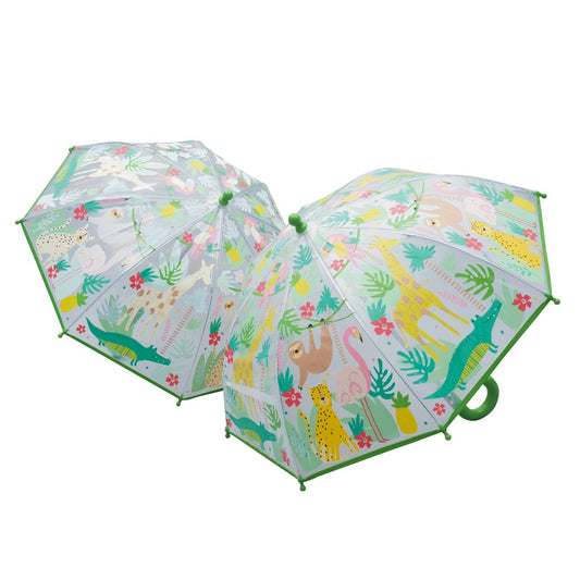 Floss and Rock Color Changing Umbrella - Jungle, kids' color-changing umbrella that reveals bright patterns when wet, with a child-safe handle.