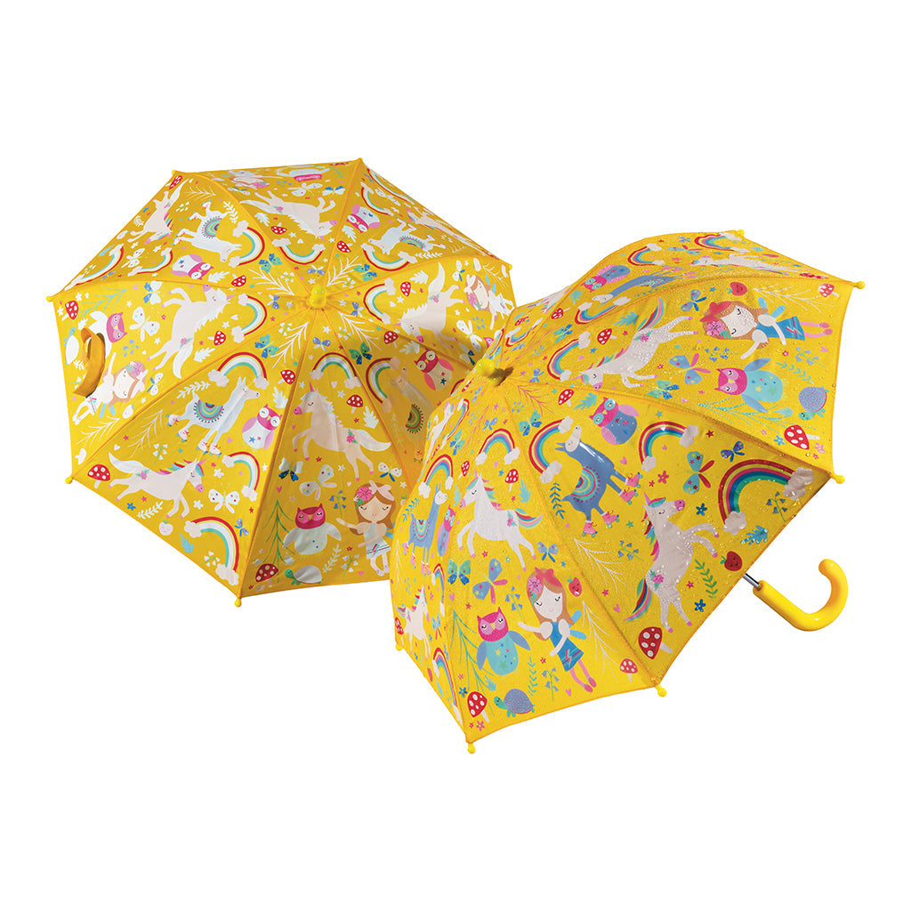 Floss and Rock Color Changing Umbrella - Rainbow Fairies, kids' color-changing umbrella that reveals bright patterns when wet, with a child-safe handle.