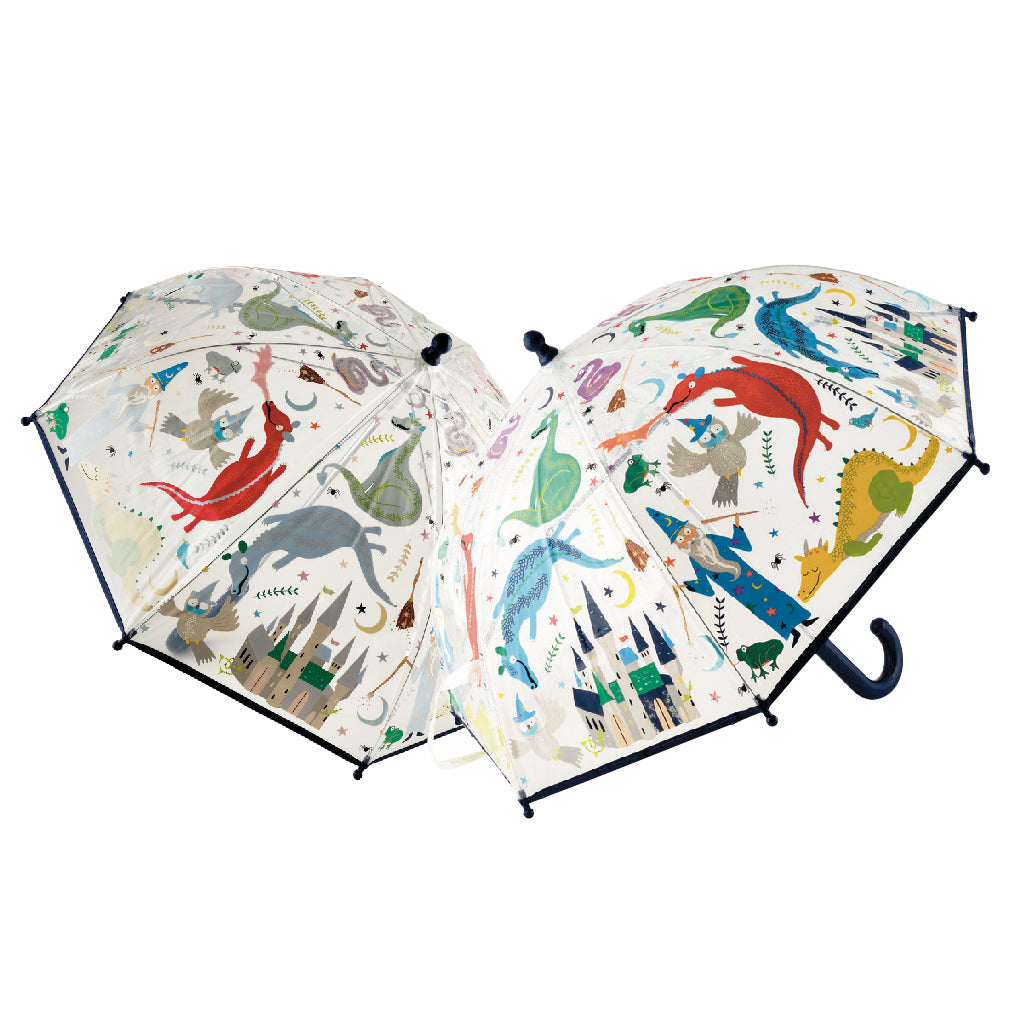 Floss and Rock Color Changing Umbrella - Spellbound, kids' color-changing umbrella that reveals bright patterns when wet, with a child-safe handle.