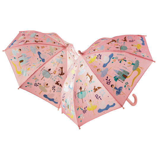 Floss and Rock Color Changing Umbrella - Enchanted, kids' color-changing umbrella that reveals bright patterns when wet, with a child-safe handle.