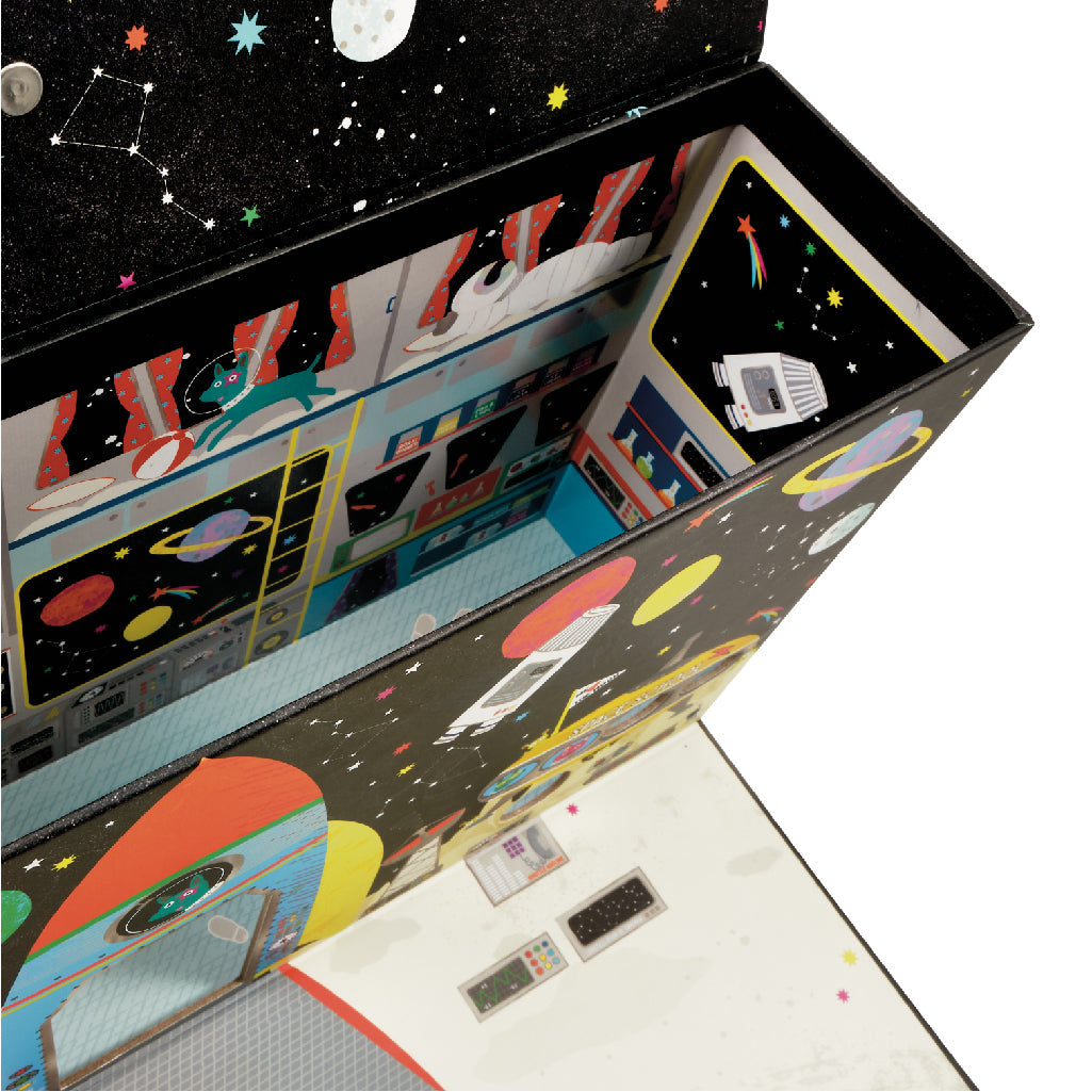 Internal detail Floss and Rock Playbox with Wooden Pieces - Space, sustainable wooden toy set with a portable carry case that doubles as a play scene.