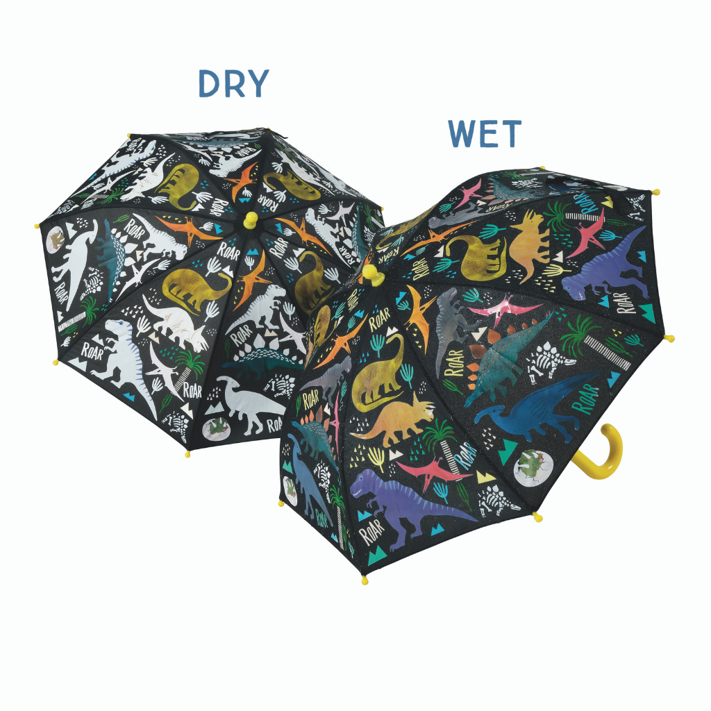 Floss and Rock Transparent Color Changing 3D Umbrella - Dinosaur, featuring magical color-changing technology and interactive 3D elements for rainy day fun.