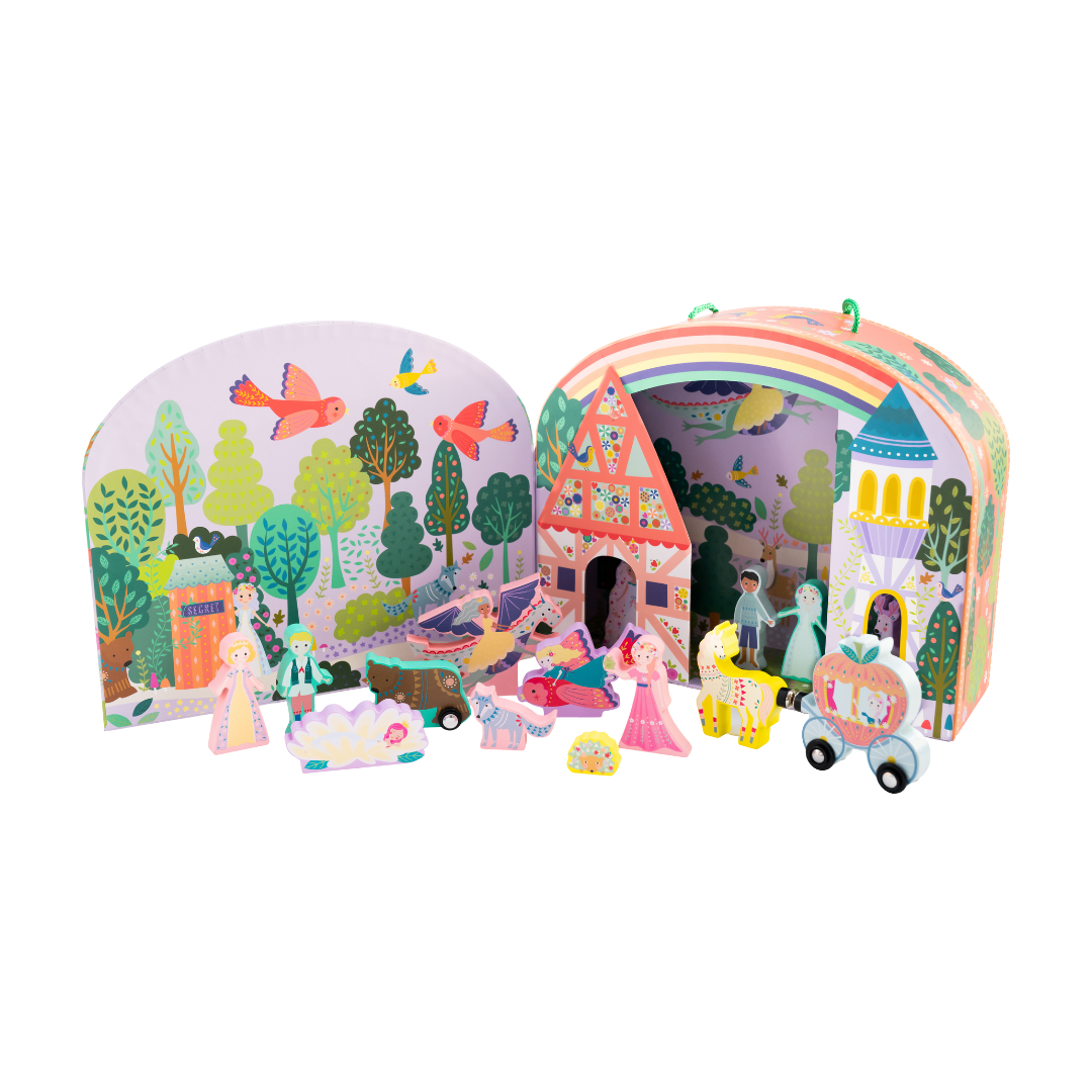 Floss and Rock Playbox with Wooden Pieces - Fairy Tale, sustainable wooden toy set with a portable carry case that doubles as a play scene.