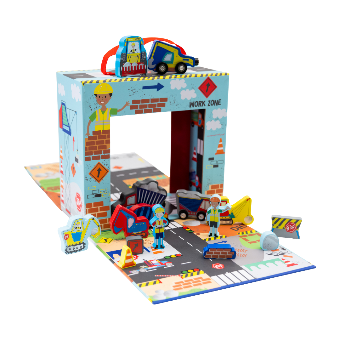Floss and Rock Playbox with Wooden Pieces - Construction, sustainable wooden toy set with a portable carry case that doubles as a play scene.