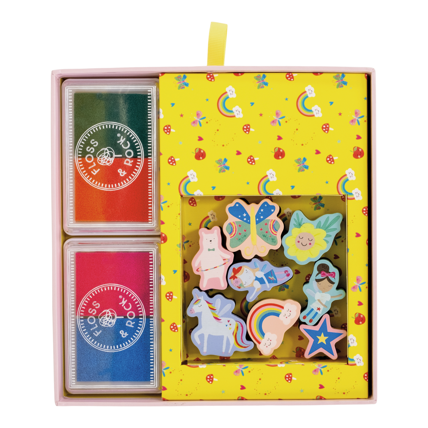 What inside? Floss and Rock My Stampler Set - Rainbow Fairy, creative arts and crafts kit for kids including themed stamps, ink pads, and stationery.