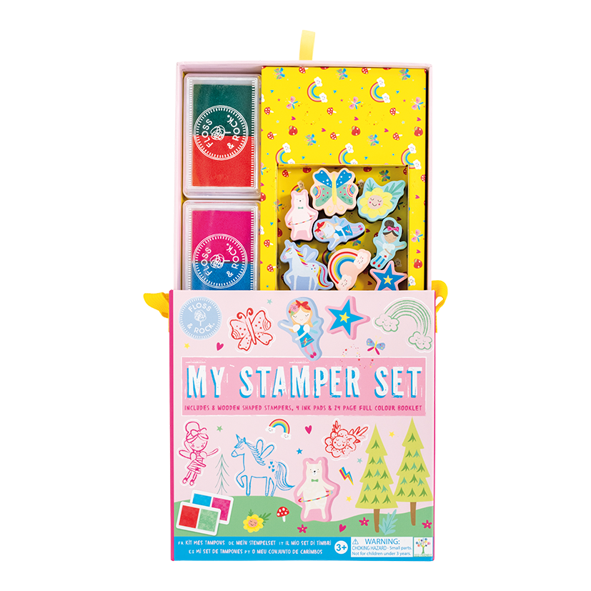 Internal view Floss and Rock My Stampler Set - Rainbow Fairy, creative arts and crafts kit for kids including themed stamps, ink pads, and stationery.