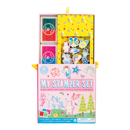 Internal view Floss and Rock My Stampler Set - Rainbow Fairy, creative arts and crafts kit for kids including themed stamps, ink pads, and stationery.