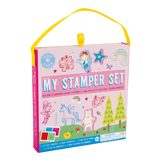 Floss and Rock My Stampler Set - Rainbow Fairy, creative arts and crafts kit for kids including themed stamps, ink pads, and stationery.