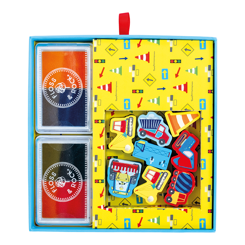 Internal view Floss and Rock My Stampler Set - Construction Site, creative arts and crafts kit for kids including themed stamps, ink pads, and stationery.