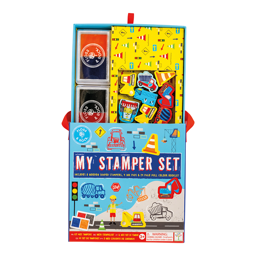 Detail of Floss and Rock My Stampler Set - Construction Site, creative arts and crafts kit for kids including themed stamps, ink pads, and stationery.
