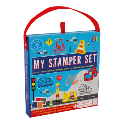 Floss and Rock My Stampler Set - Construction Site, creative arts and crafts kit for kids including themed stamps, ink pads, and stationery.