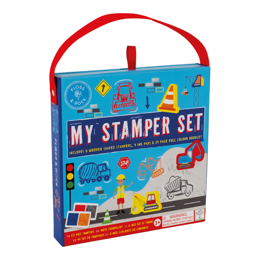 Floss and Rock My Stampler Set - Construction Site, creative arts and crafts kit for kids including themed stamps, ink pads, and stationery.