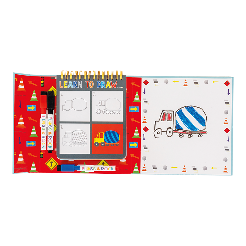 Internal view Floss and Rock Drawing Kit - Construction Site, creative arts and crafts kit for kids including themed stamps, ink pads, and stationery.