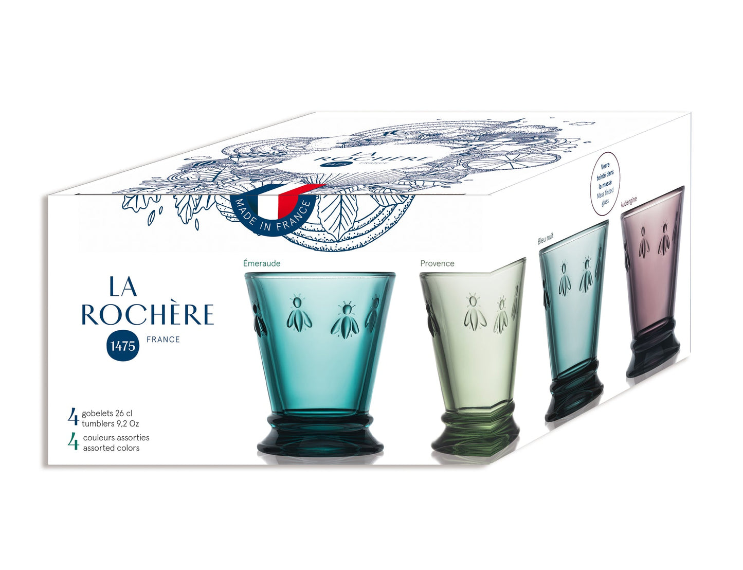 Authentic branded cardboard gift box for the La Rochère set of 4 colored Bee water glasses
