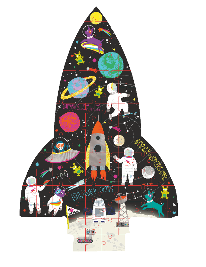 "Floss and Rock Rocket Shaped Puzzle - 80 pieces, featuring a vibrant space illustration with astronauts, planets, and stars. Includes a decorative rocket-shaped storage box."