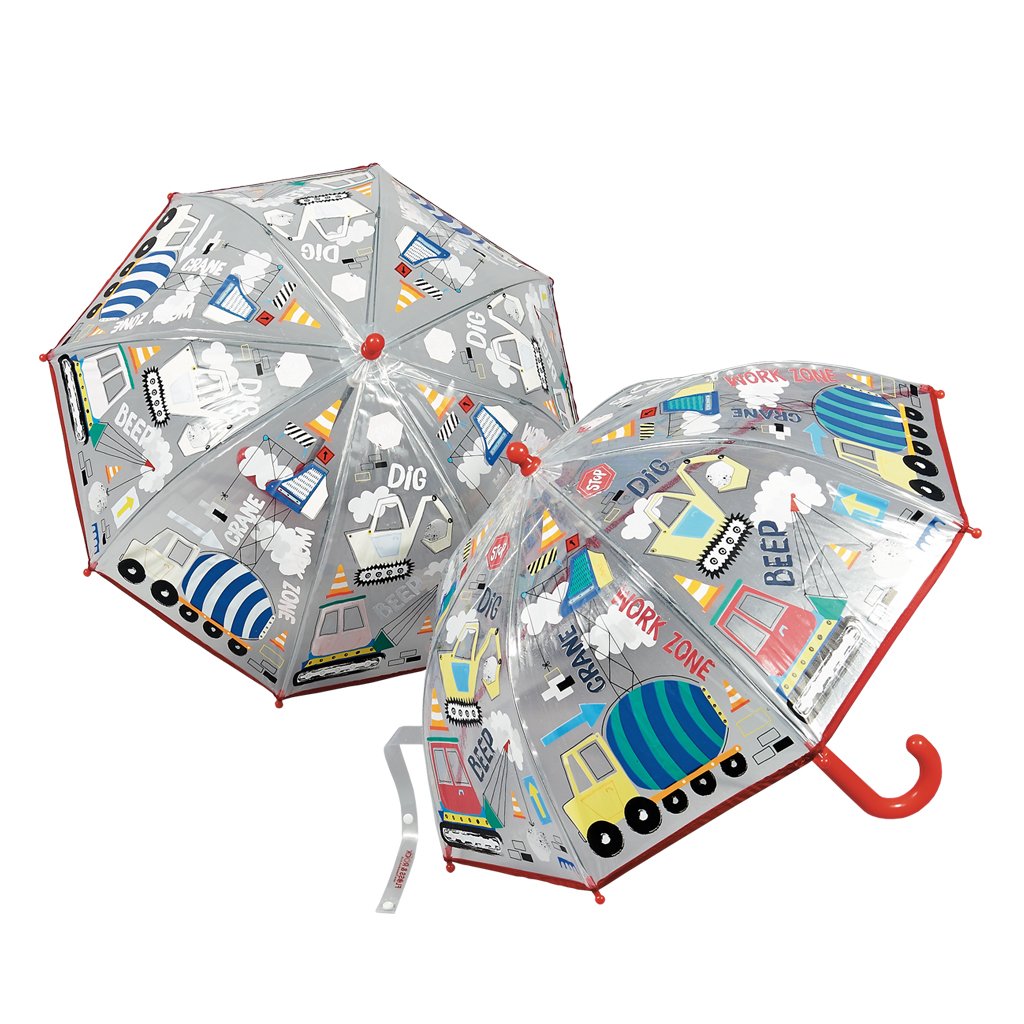 Floss and Rock Transparent Color Changing 3D Umbrella - Construction Site, featuring magical color-changing technology and interactive 3D elements for rainy day fun.