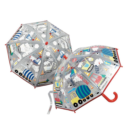 Floss and Rock Transparent Color Changing 3D Umbrella - Construction Site, featuring magical color-changing technology and interactive 3D elements for rainy day fun.