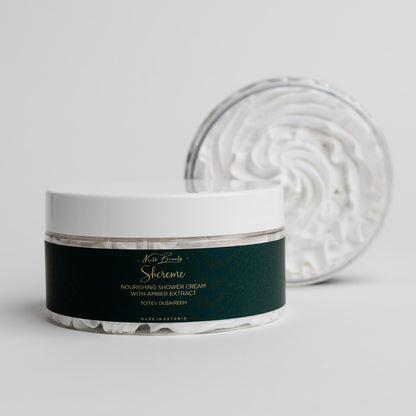 Close Up of Rich creamy lather of the natural shower cream by North Beauty
