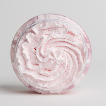 Vibrant pink texture of the cranberry whipped body scrub with organic oils