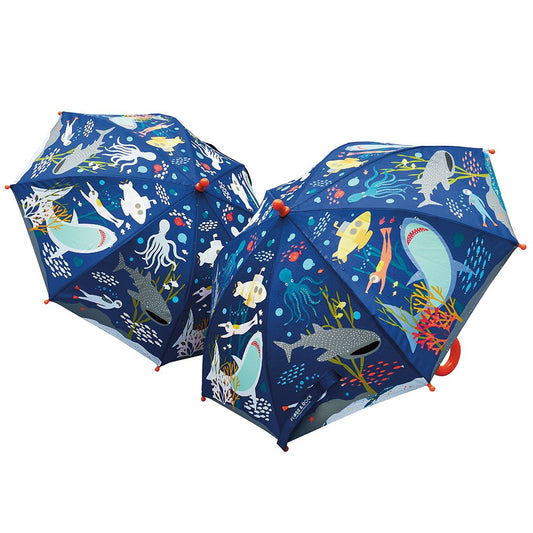 Floss and Rock Color Changing Umbrella - Underwater World, kids' color-changing umbrella that reveals bright patterns when wet, with a child-safe handle.