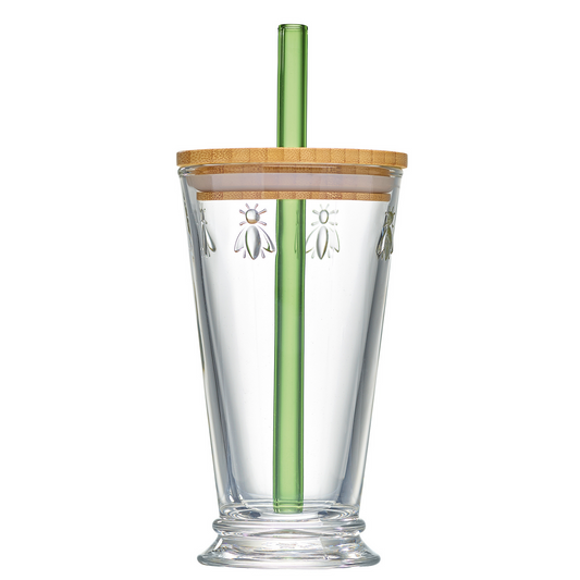 Main product photograph of a single, clear La Rochère Bee Smoothie Glass (420 ml) with the signature embossed bee motif