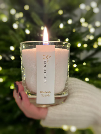 Close up of burning wick in powdered candle glass jar - Rhubarb Sparkle 160g