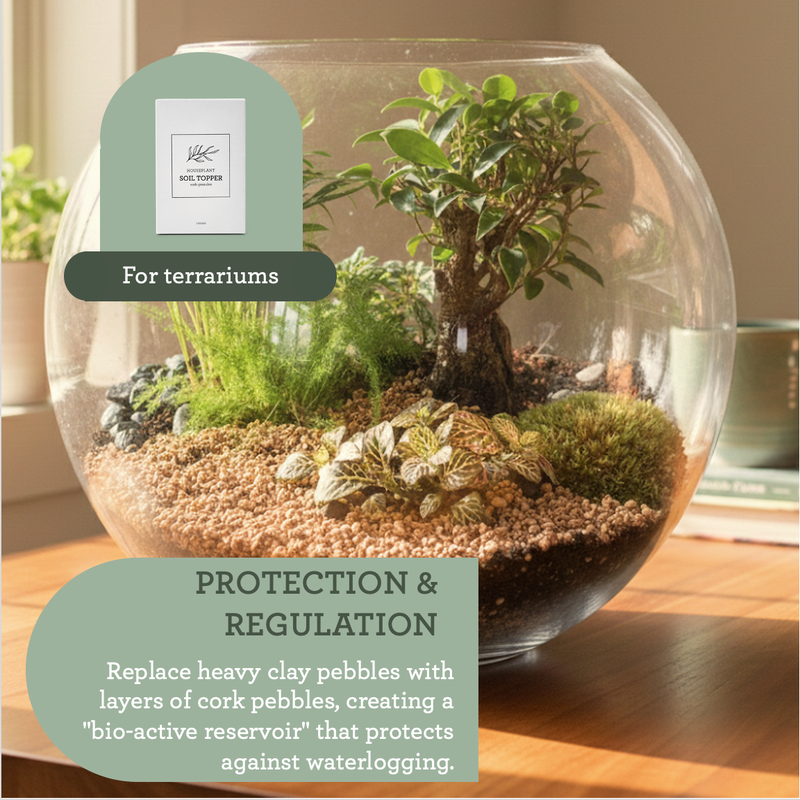 Generosa soil toppers used as a decorative finish in a glass terrarium - Enhancing plant aesthetics and root health.
