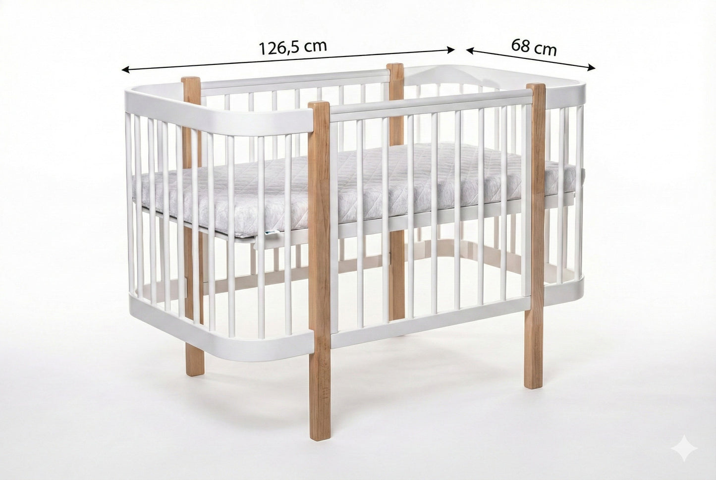 Complete KOTTO nursery set: Elin natural wood and white baby crib with mattress - Measures -