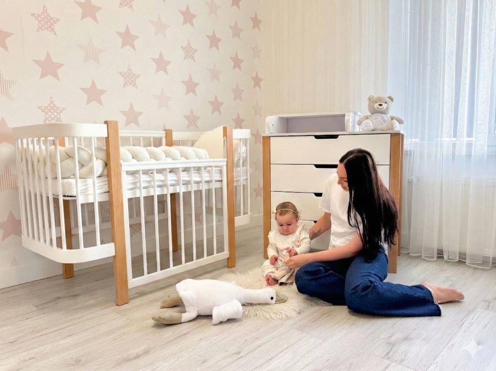 Happy mother with her baby near the ELIN baby crib playing with a duck soft toy in a sunlit nursery