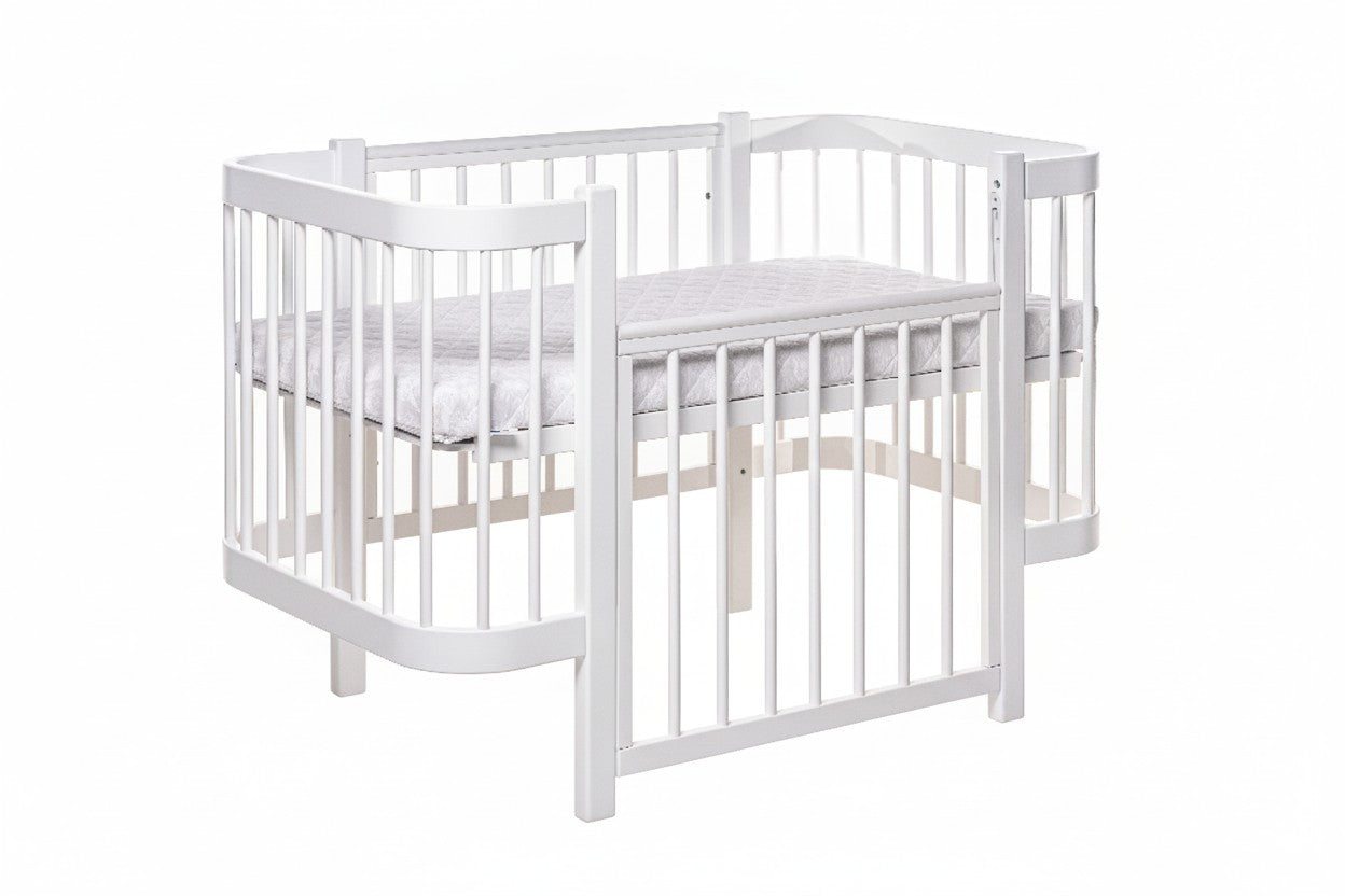 Complete KOTTO nursery set: Elin classic white baby crib with ergonomic mattress - Front view -