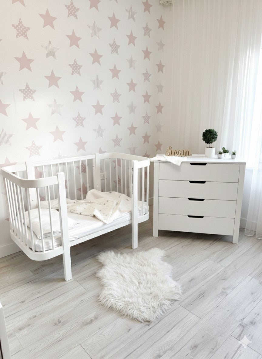 KOTTO Elin classic white wooden baby crib in a minimalist nursery