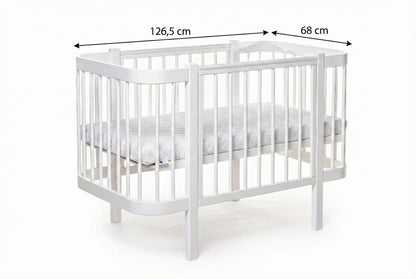 Measures of KOTTO Elin classic white wooden baby crib in a minimalist nursery