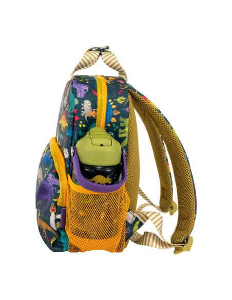 Side view Floss and Rock Dinosaur Backpack, lightweight and durable children's backpack with adjustable straps and colorful themed design.