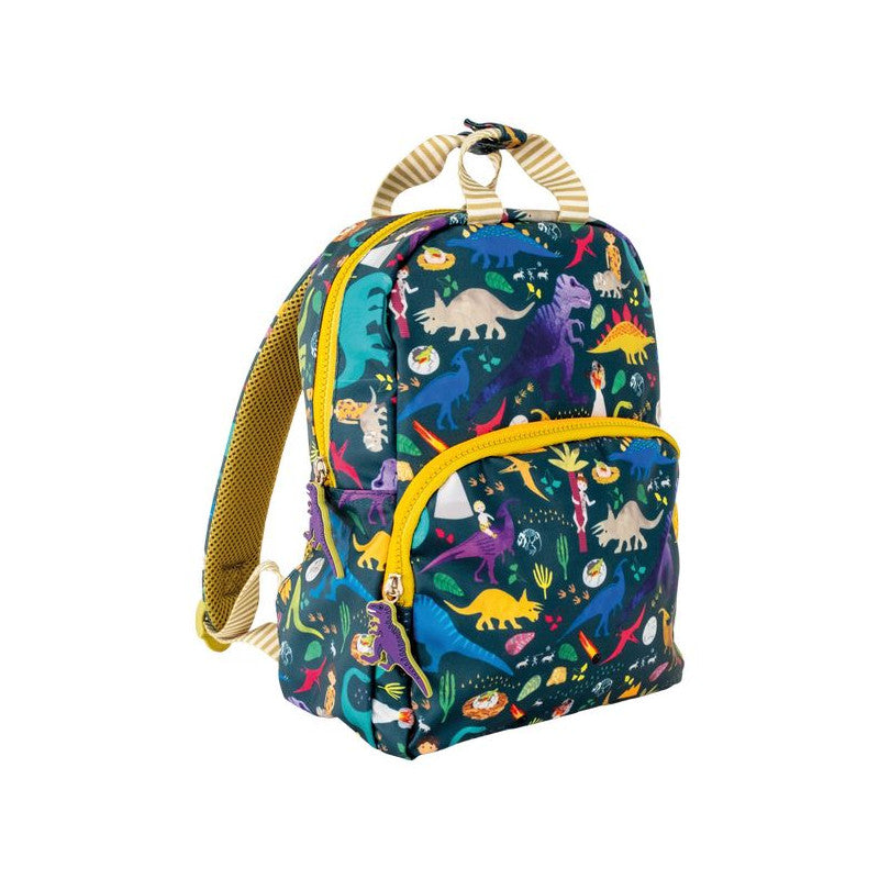 Floss and Rock Dinosaur Backpack, lightweight and durable children's backpack with adjustable straps and colorful themed design.